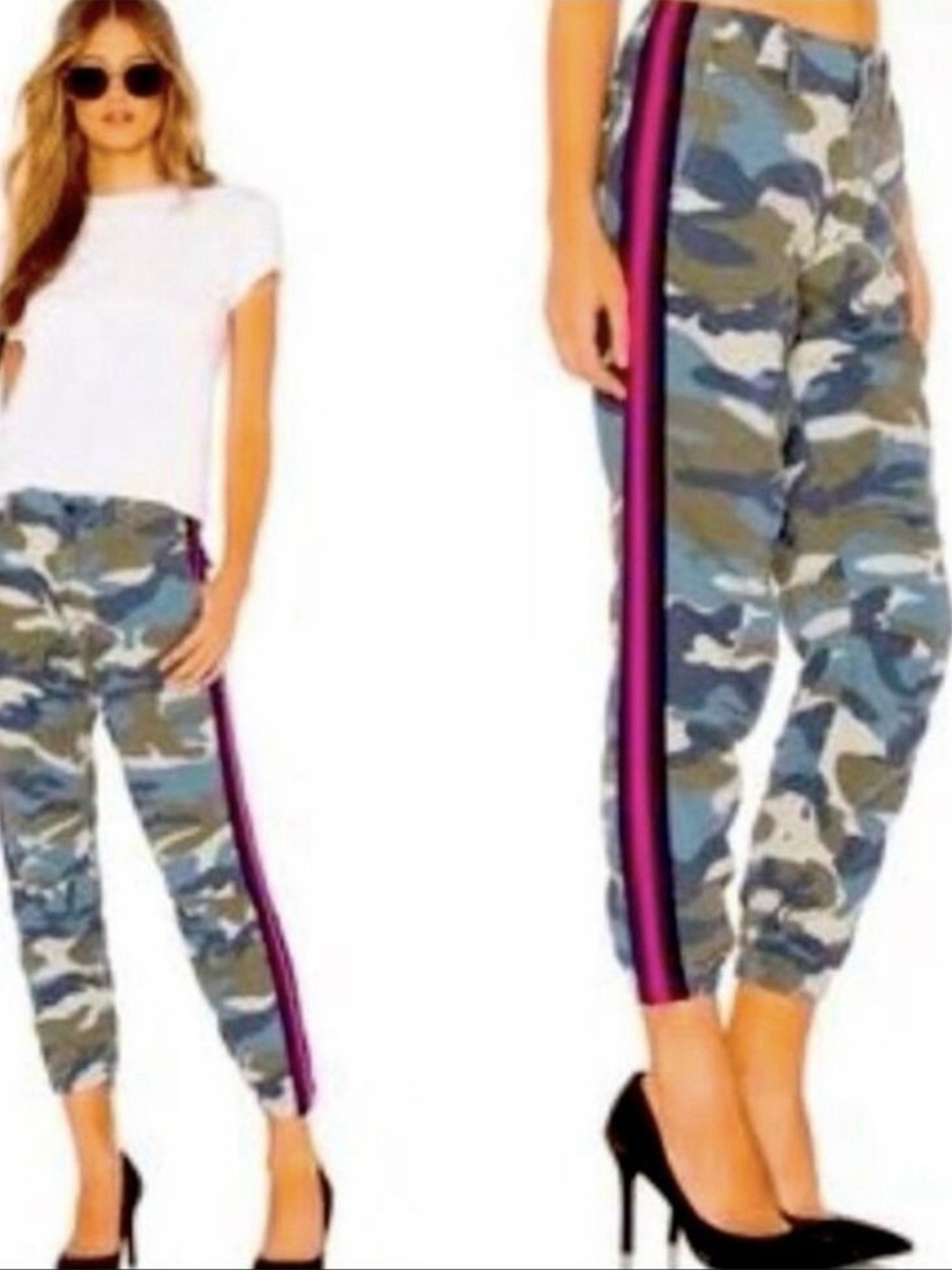 MOTHER Camo Ankle Joggers with Pink and Black Side Stripes